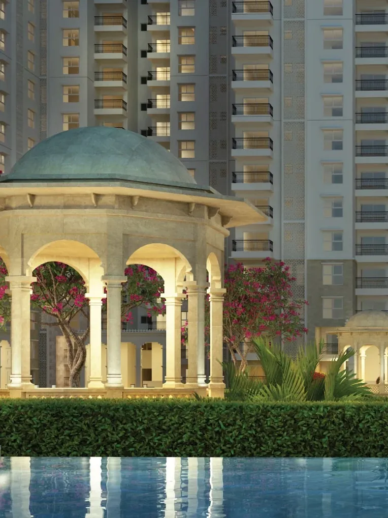 SOBHA Royal Pavilion, Sarjapur Road, artistic impression A domed pavilion beside a pool below the towers of SOBHA Royal Pavilion