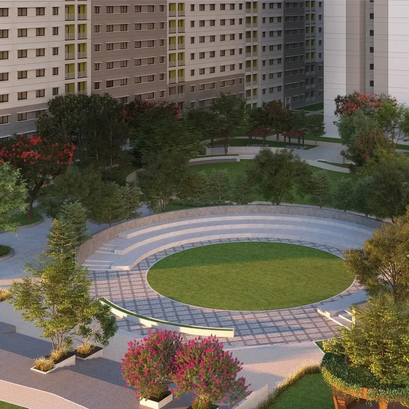 SOBHA Dream Acres, Panathur Road, artistic impression A central lawn, a sunken court and play areas ringed by towers at SOBHA Dream Acres