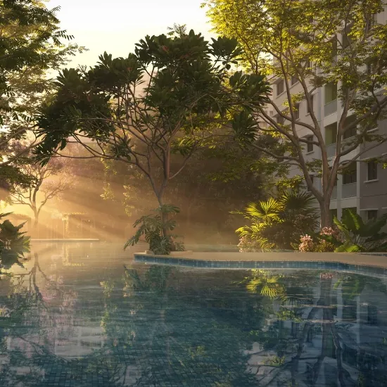 SOBHA Ayana at SOBHA Dream Acres, artistic impression A swimming pool among tropical gardens at SOBHA Ayana