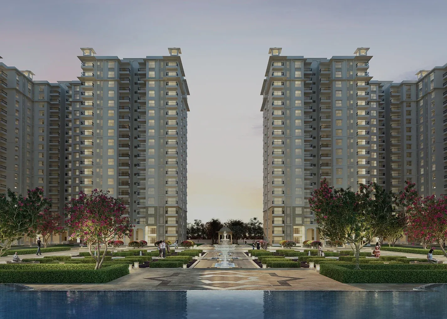 SOBHA Royal Pavilion, Sarjapur Road, artistic impression Towers either side of a long water garden with a fountain at dusk, at SOBHA Royal Pavilion